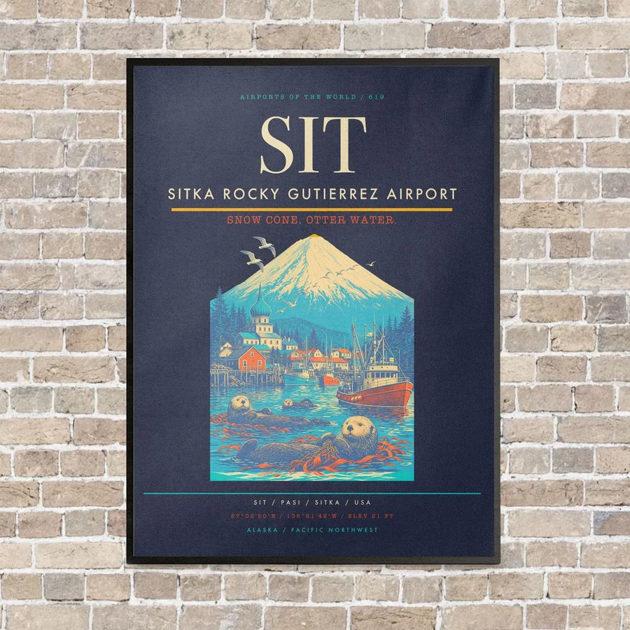 Sitka Rocky Gutierrez Airport SIT vertical canvas print - framed - navy blue background