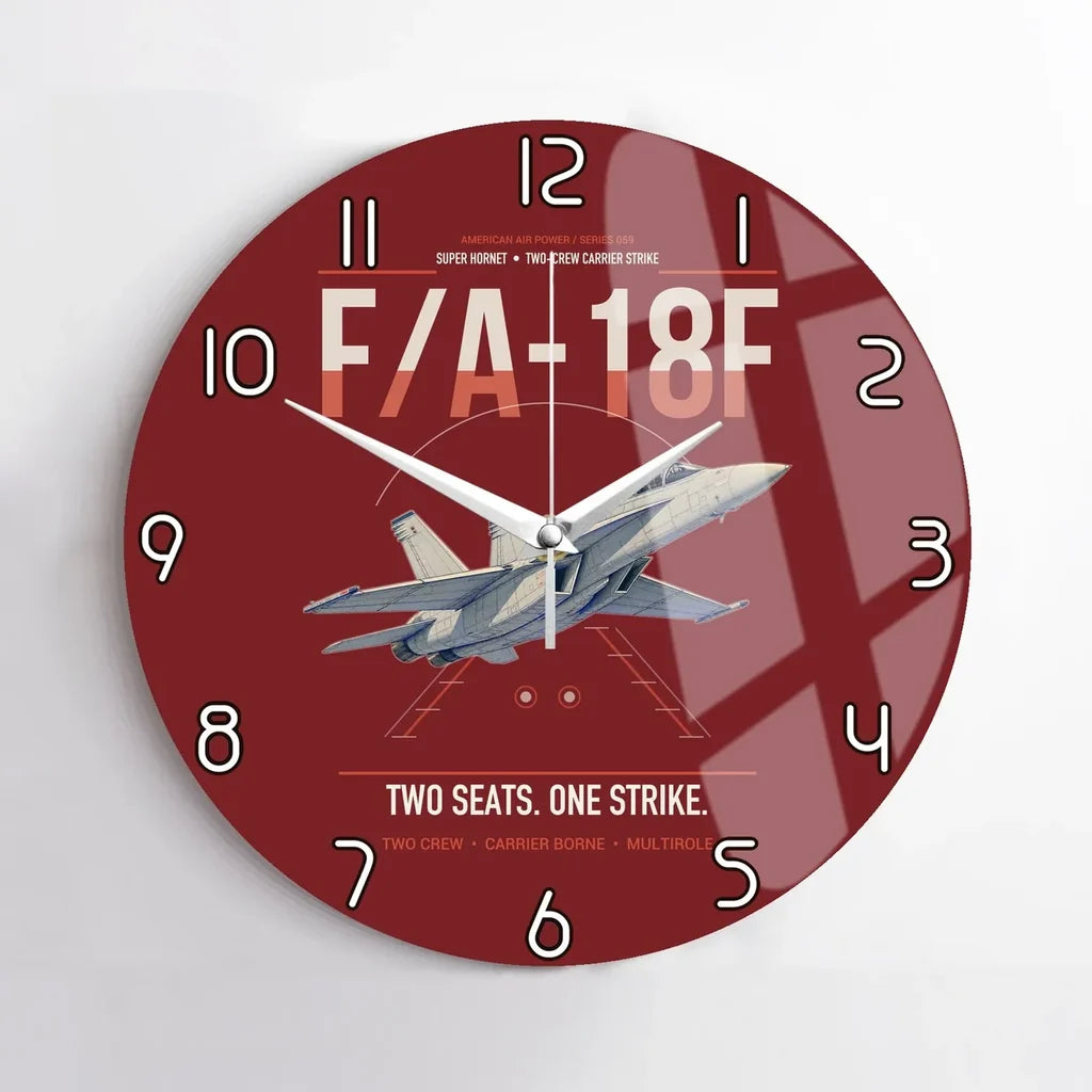 F-A-18F Super Hornet design on dark red no frame wall clock