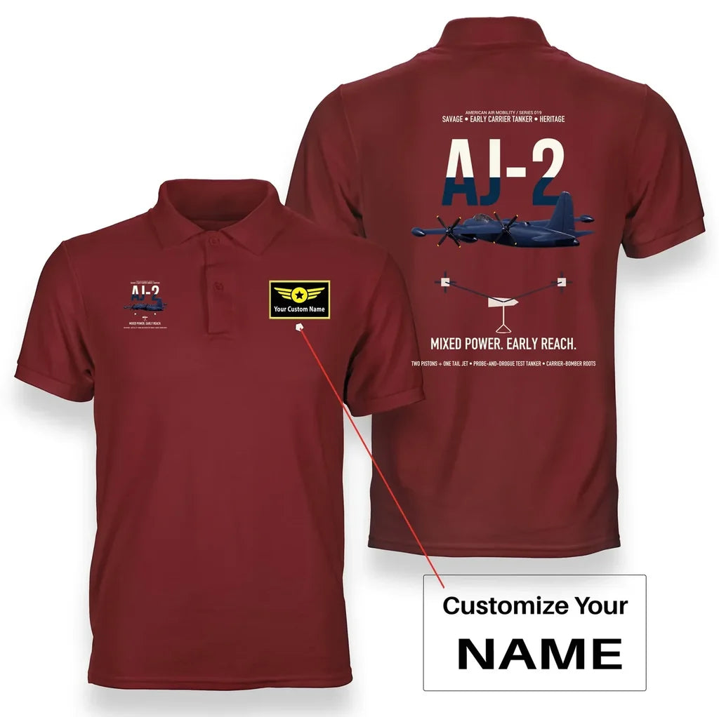 AJ-2 Savage Tanker design on red+name double-side polo t-shirt, double-side print