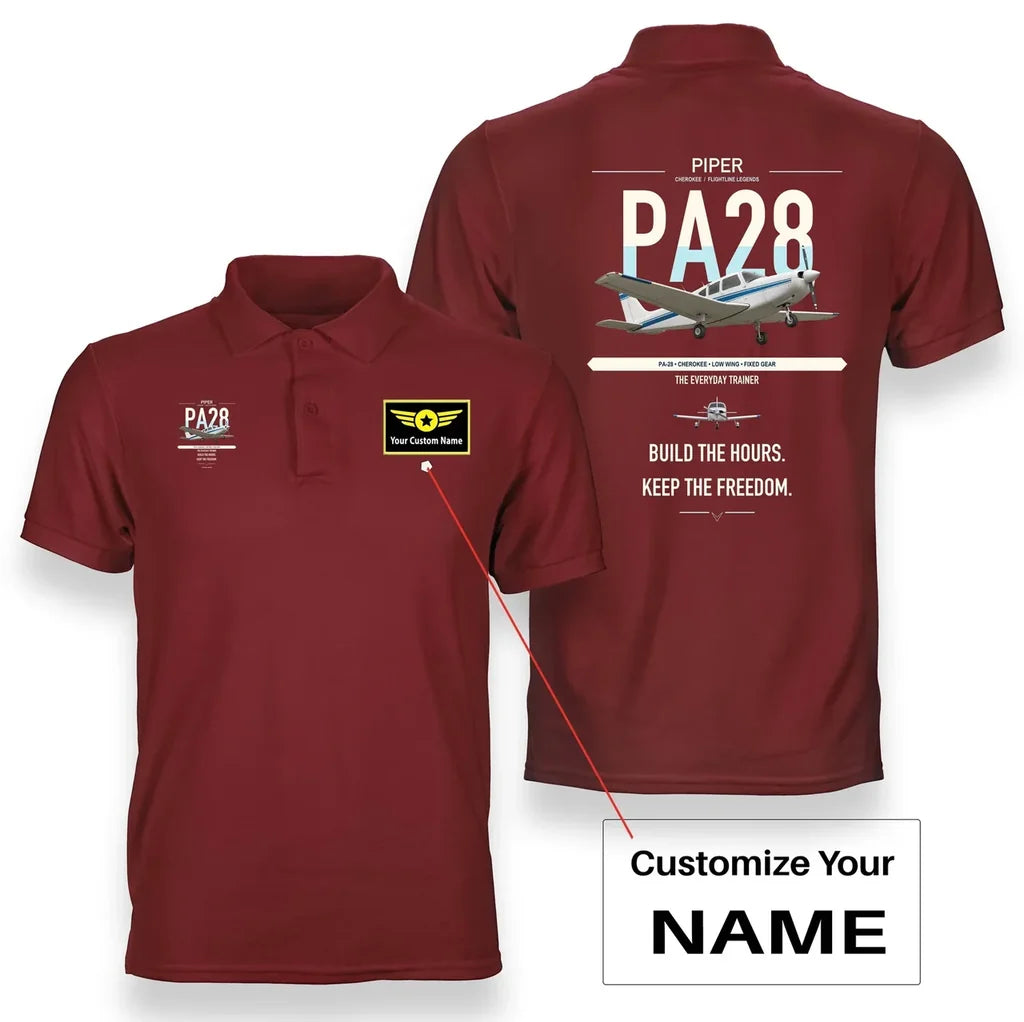 Piper PA-28 Cherokee design on red+name double-side polo t-shirt, double-side print