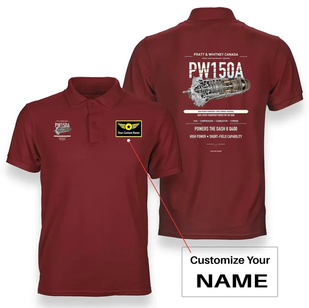 PW150A design on red polo with custom name badge