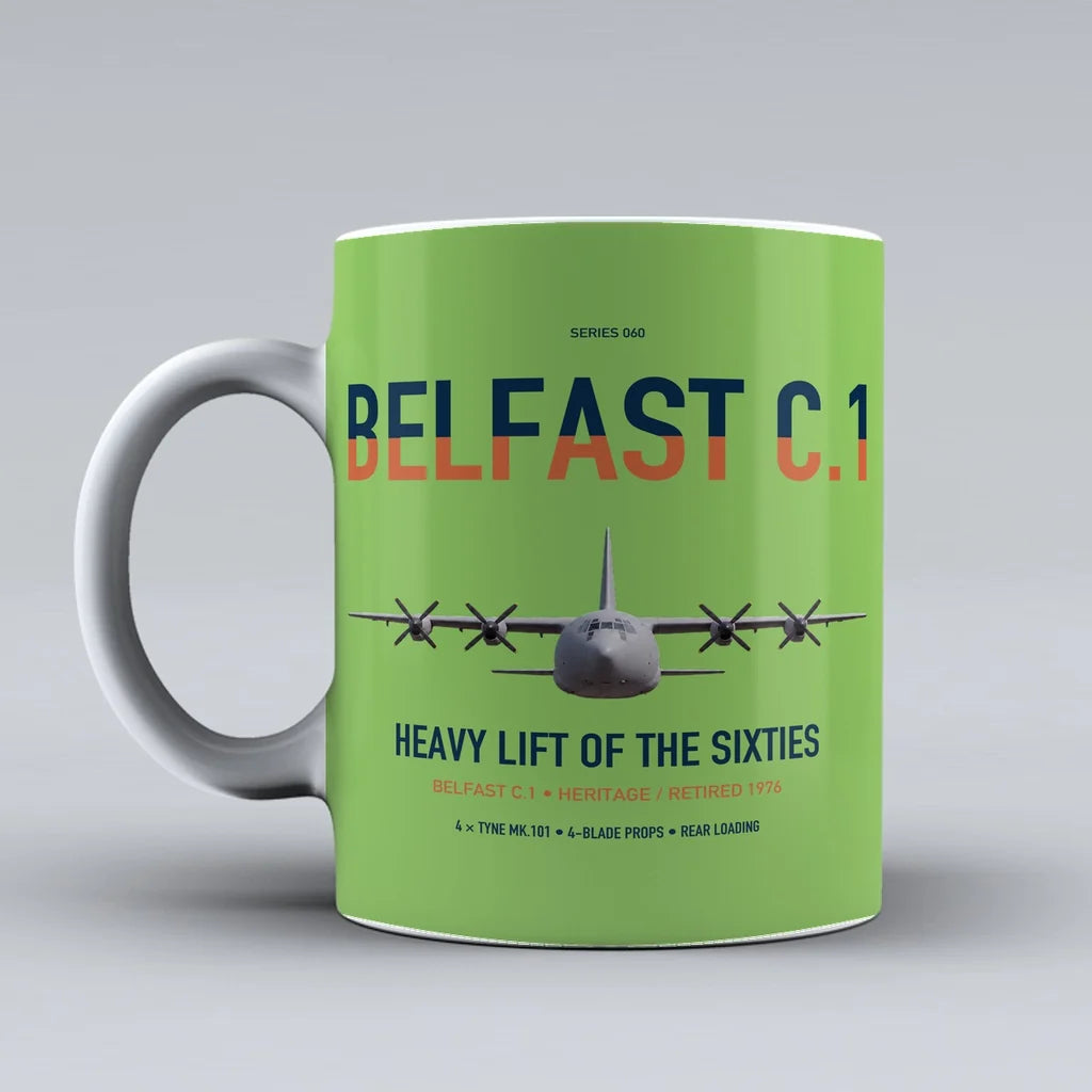 Short Belfast C.1 design on light green ceramic mug, double-side print
