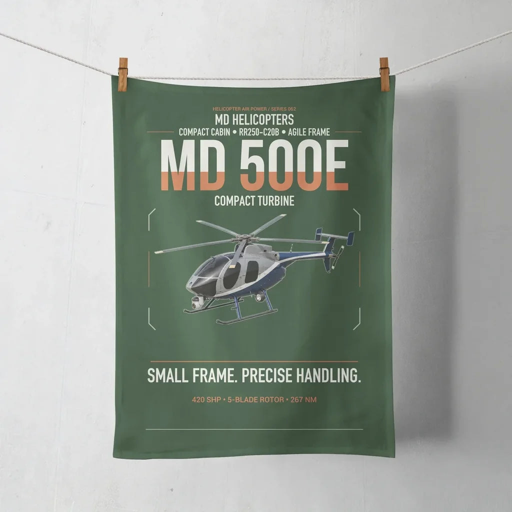 MD Helicopters MD 500E design on dark green towel