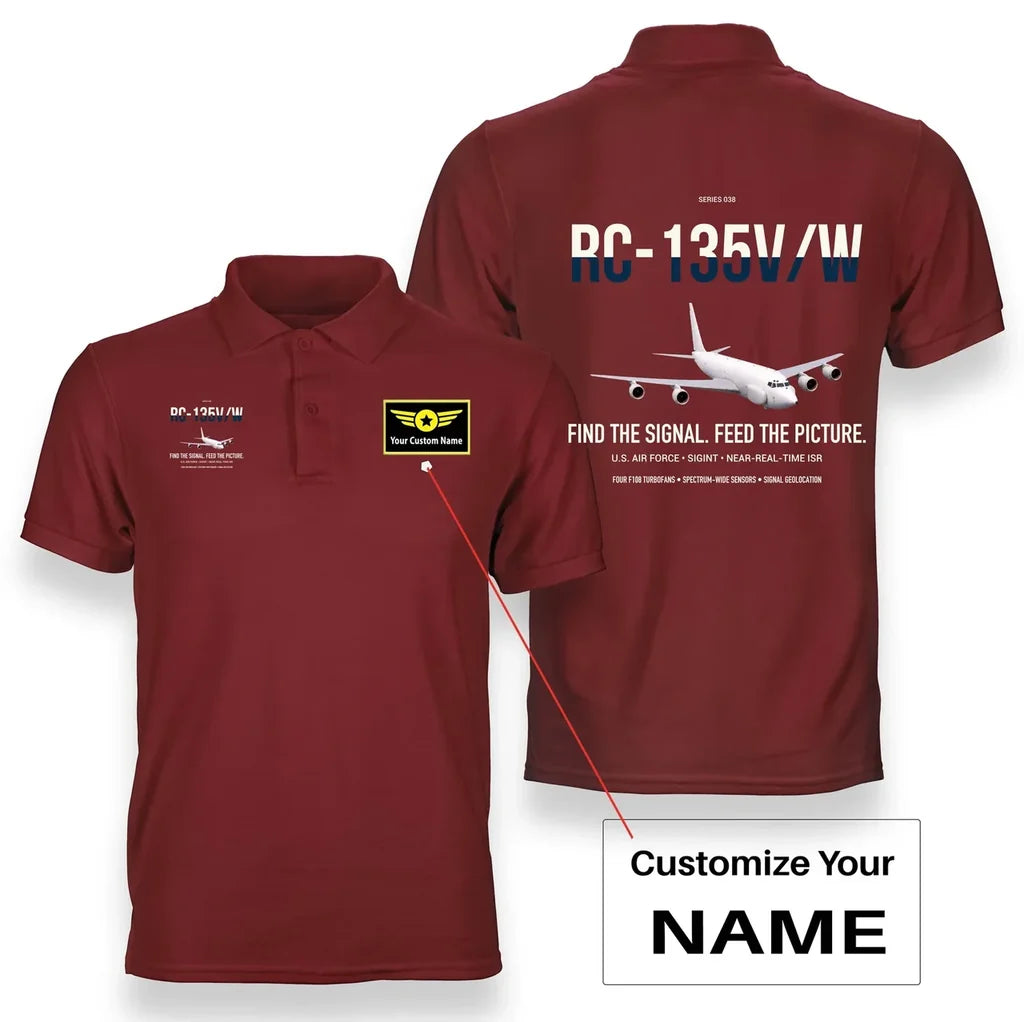 RC-135V W Rivet Joint design on red+name double-side polo t-shirt, double-side print