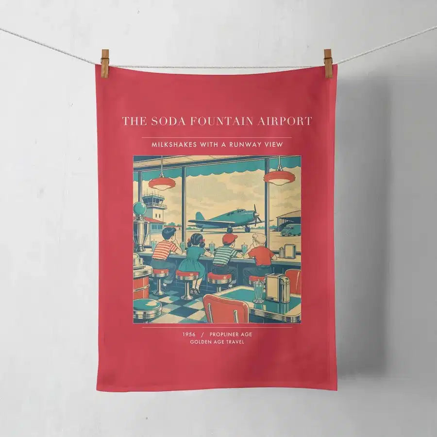 VINTAGE G4247 - The Soda Fountain Airport - Designed Towels design on red