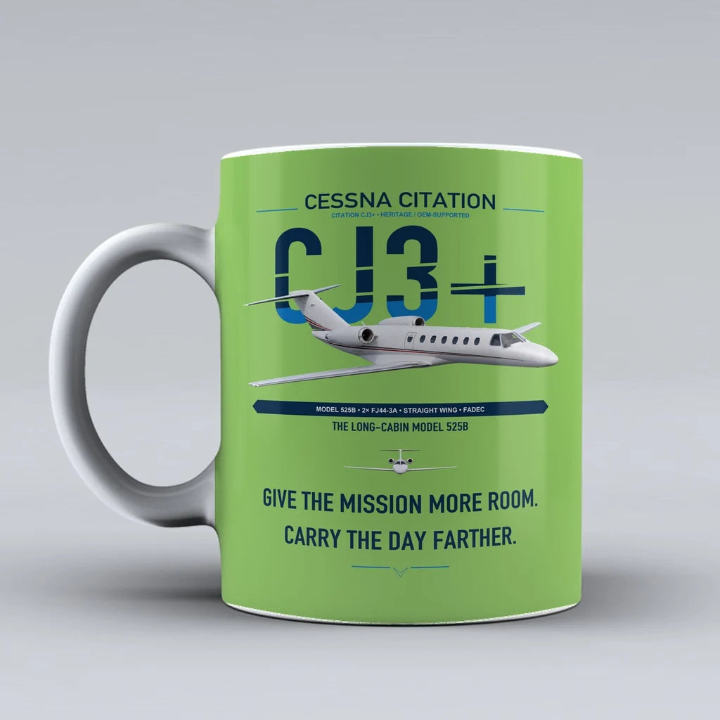 Cessna Citation CJ3+ design on light green ceramic mug, double-side print