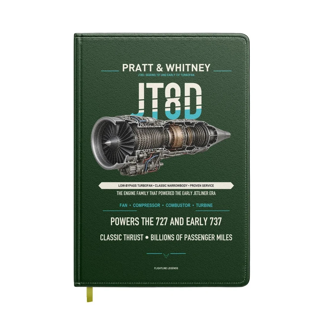JT8D design on dark green notebook