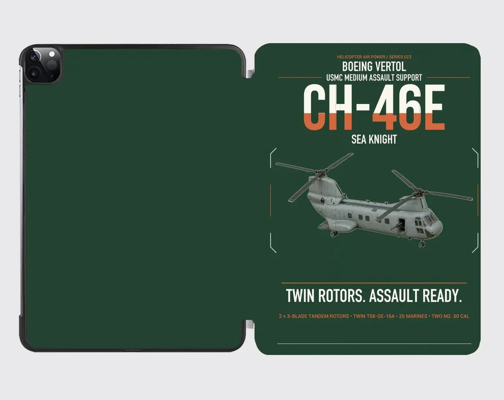 Boeing Vertol CH-46E Sea Knight design on dark green ipad tablet case
