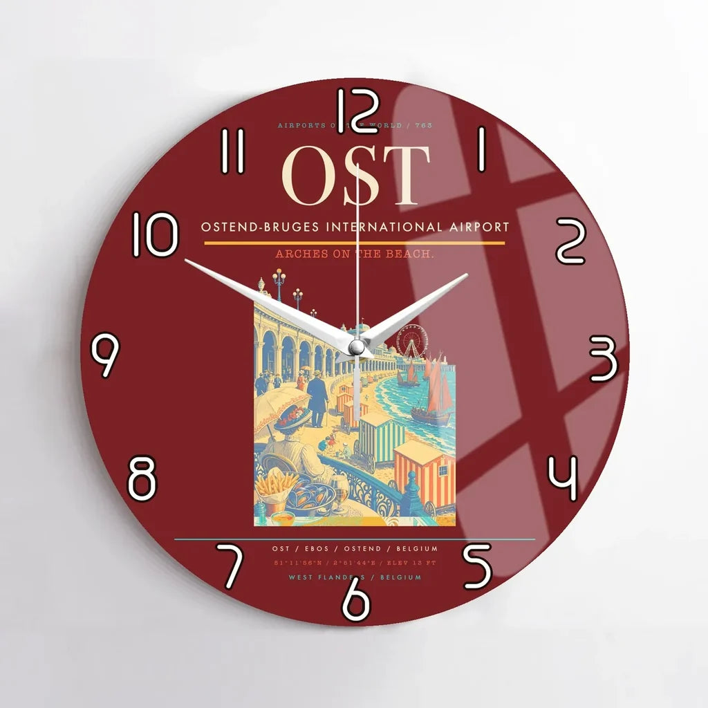 Ostend-Bruges International Airport (OST) design on dark red no frame wall clock