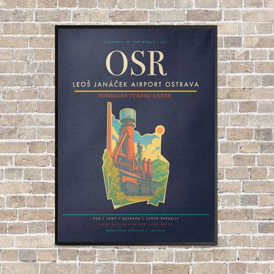 Leoš Janáček Airport Ostrava OSR vertical canvas print - framed - navy blue background