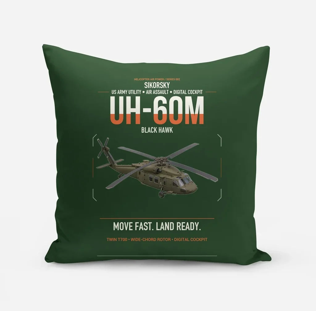 Sikorsky UH-60M Black Hawk design on dark green pillow