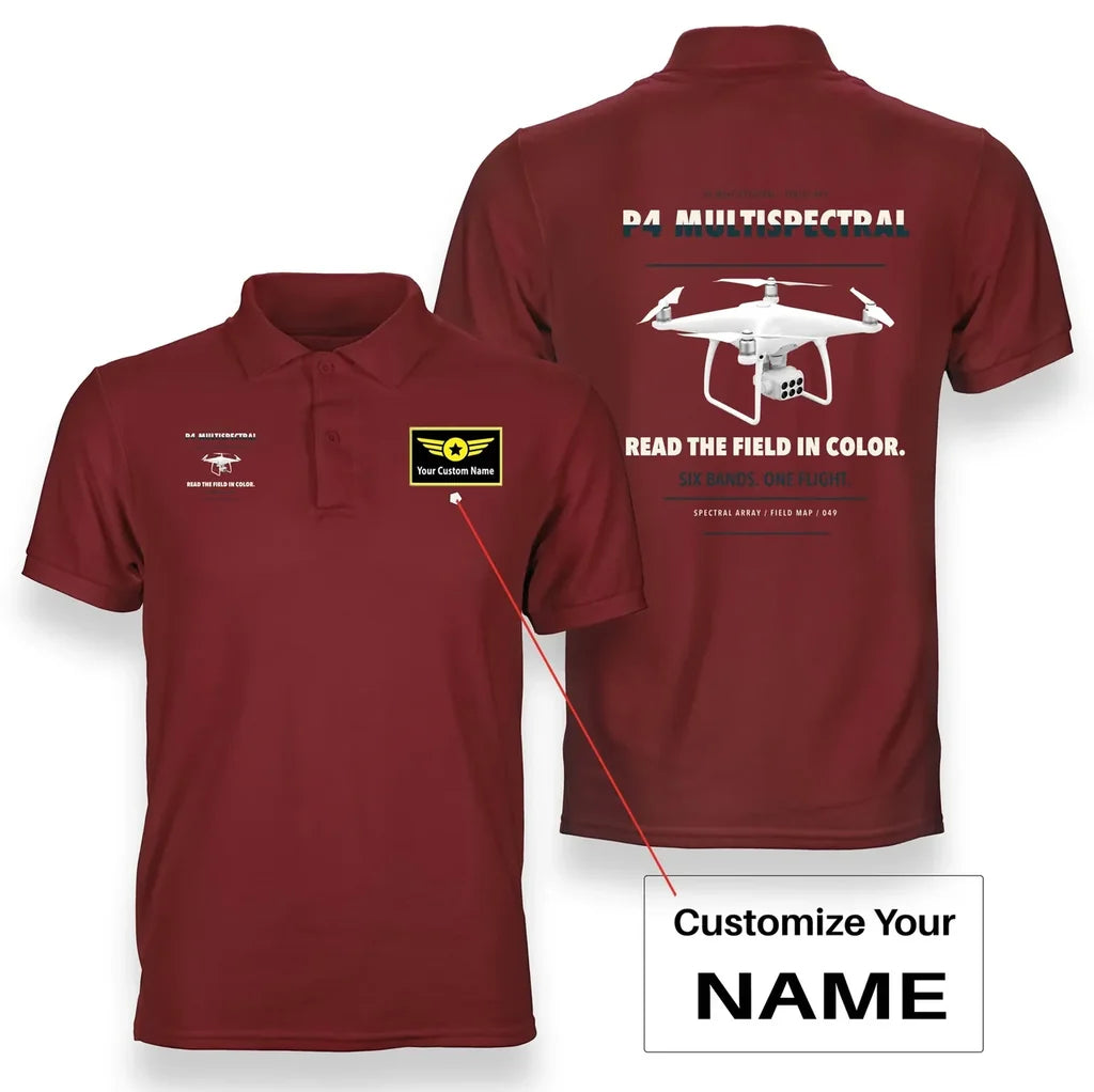 DJI P4 Multispectral design on red polo with custom name badge
