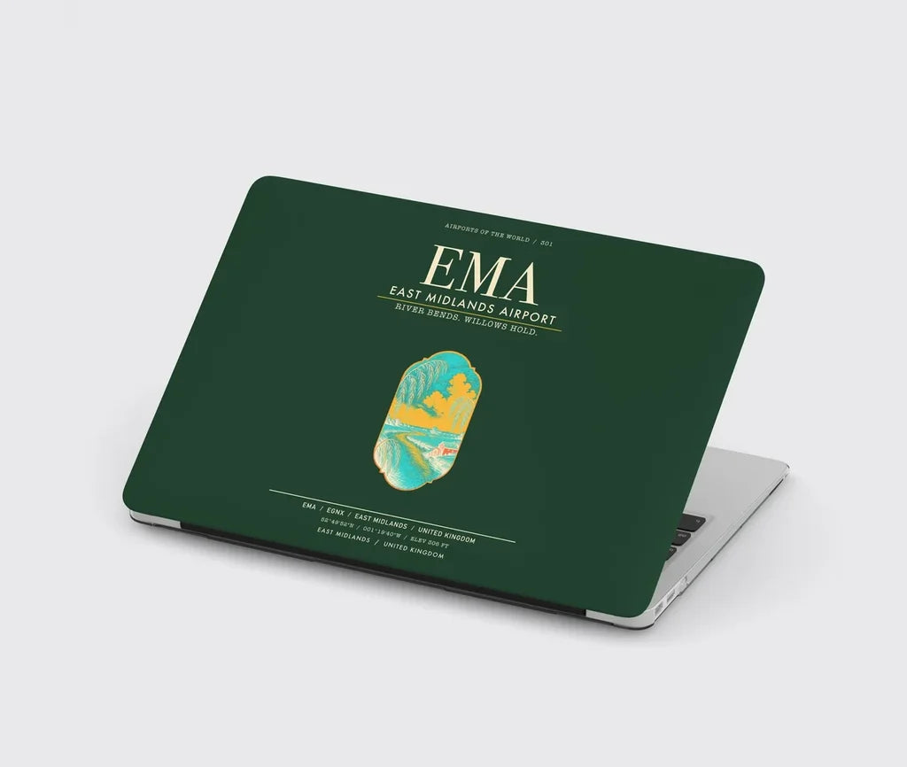 East Midlands Airport (EMA) design on dark green MacBook case
