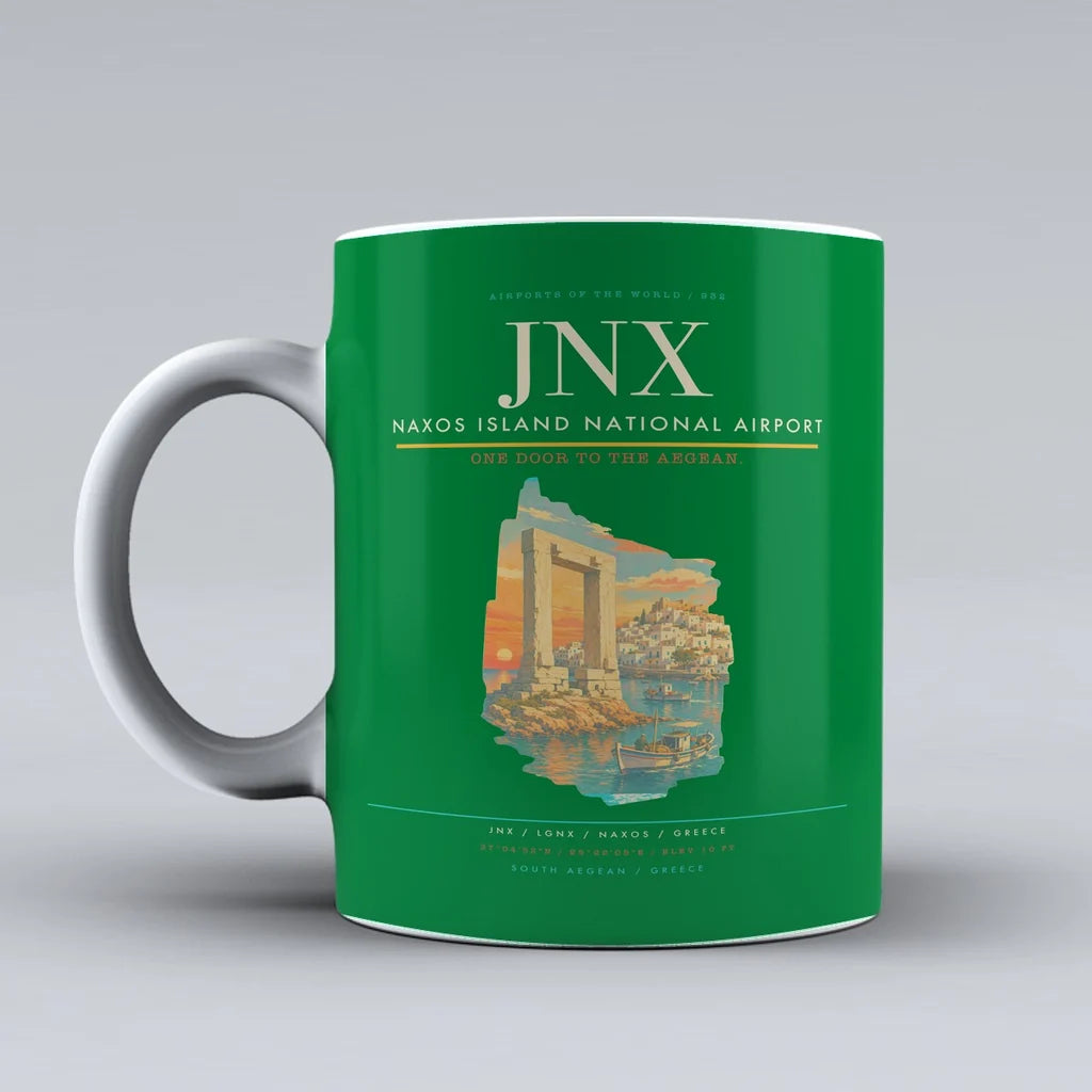 Naxos Island National Airport (JNX) airport code design on green ceramic mug