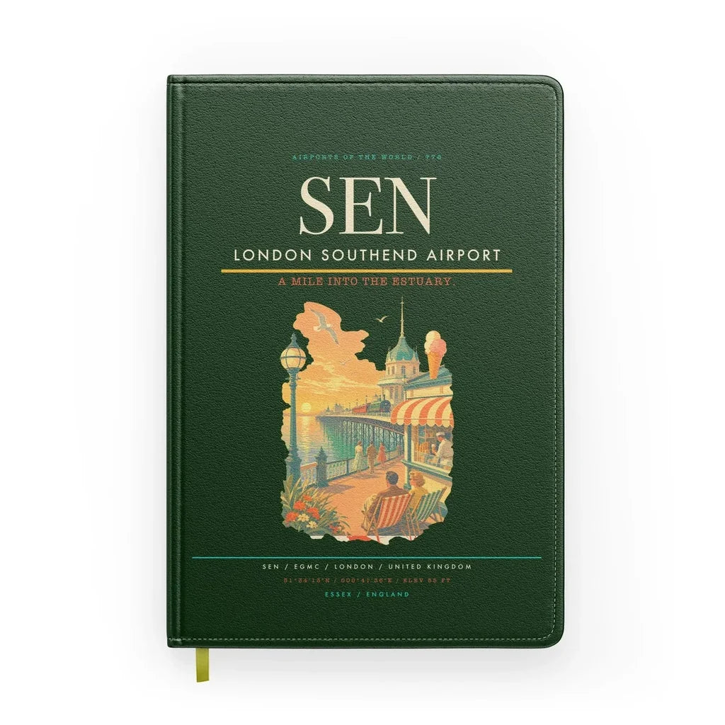 London Southend Airport (SEN) design on dark green notebook