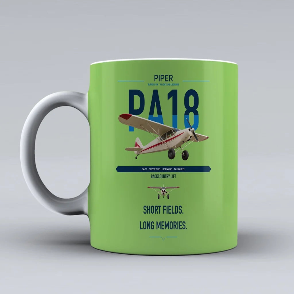 Piper PA-18 Super Cub design on light green ceramic mug, double-side print