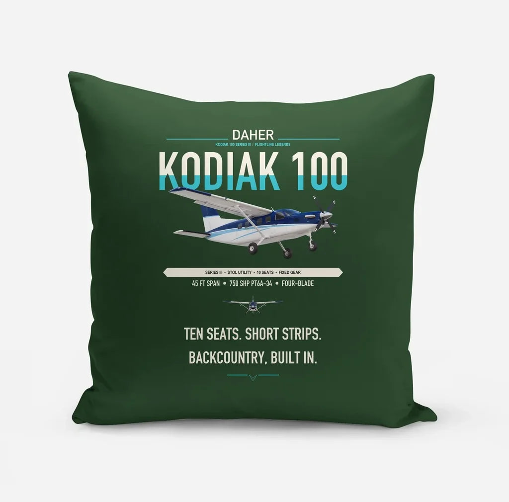 Daher Kodiak 100 Series III design on dark green pillow