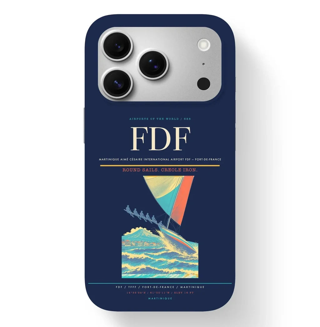 Fort-de-France Airport (FDF) design on navy blue iPhone 17 Pro MagSafe case