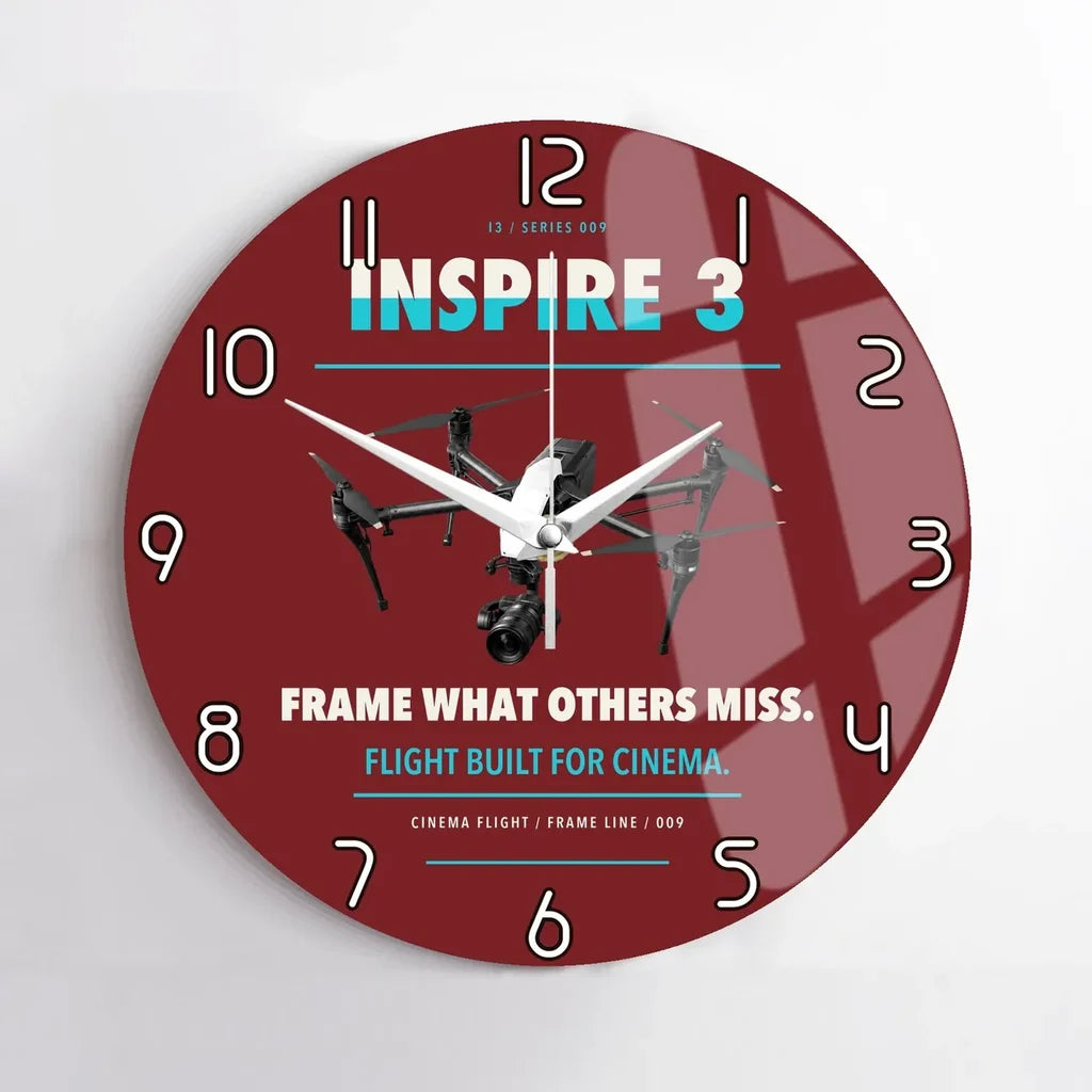 DJI Inspire 3 design on dark red no frame wall clock