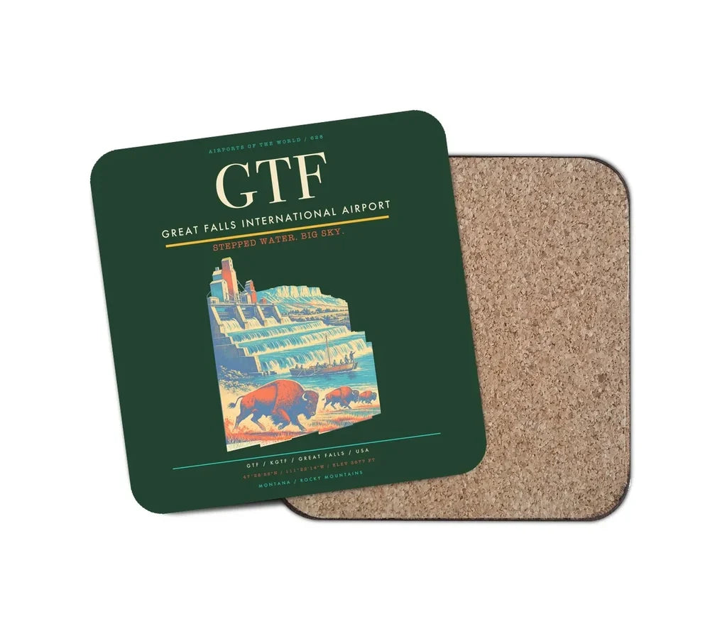 Great Falls International Airport (GTF) design on dark green 1 piece coaster