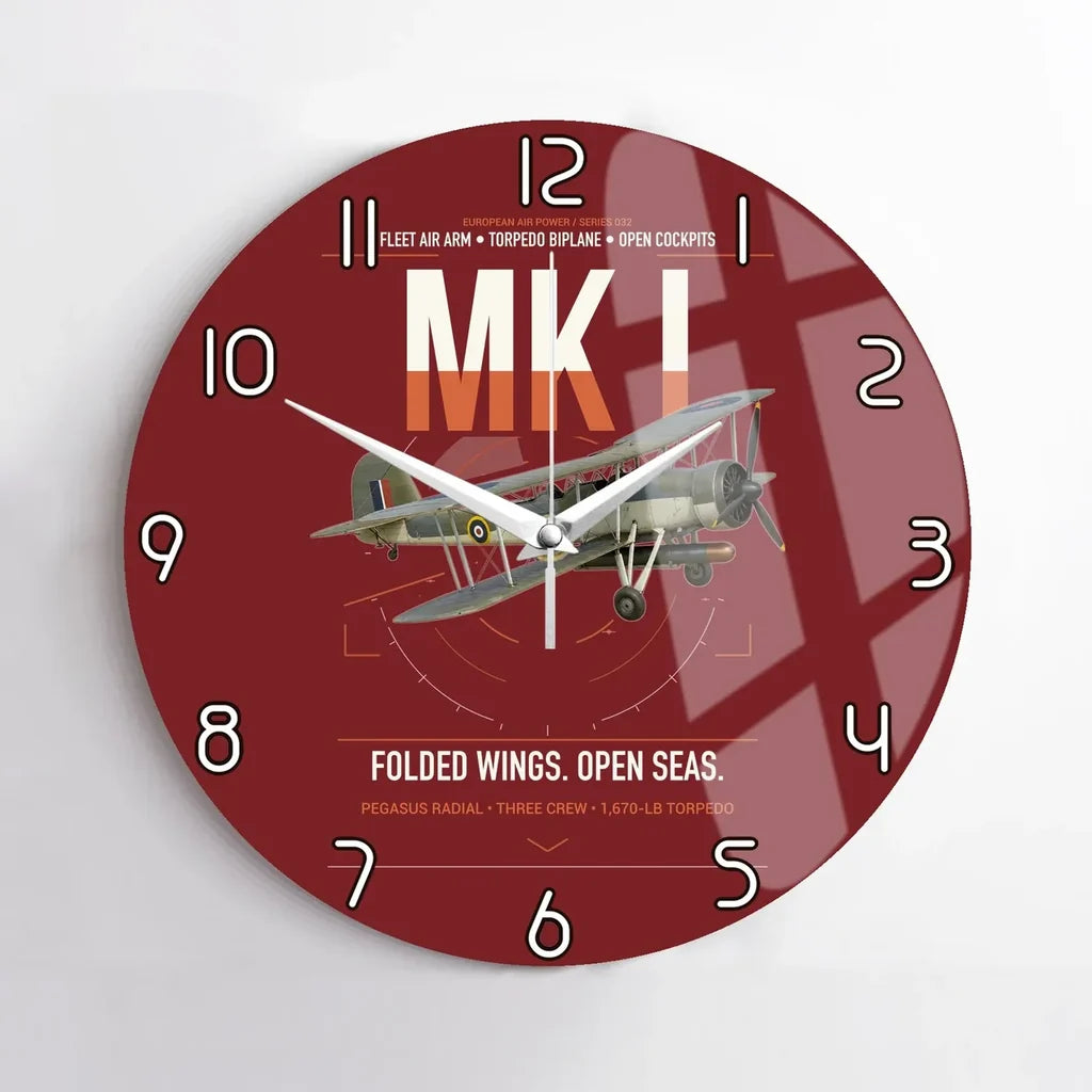 Fairey Swordfish Mk I design on dark red no frame wall clock