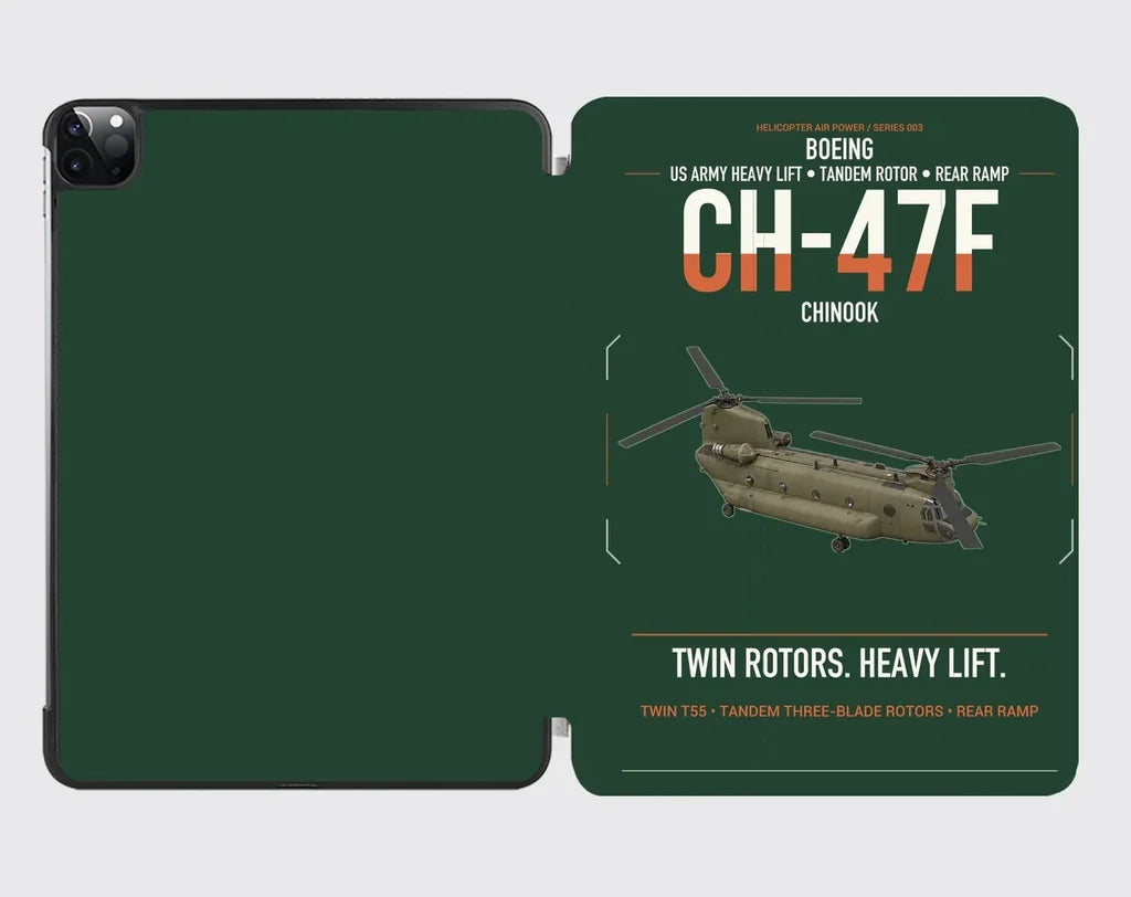 Boeing CH-47F Chinook design on dark green ipad tablet case