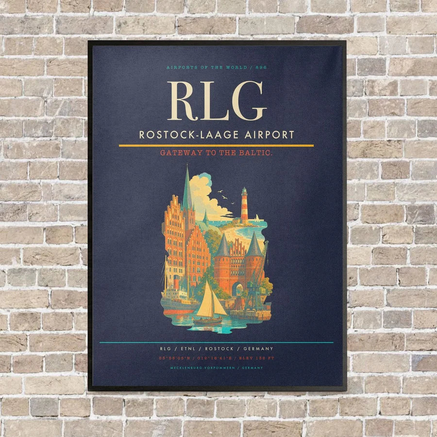 Rostock-Laage Airport RLG vertical canvas print - framed - navy blue background