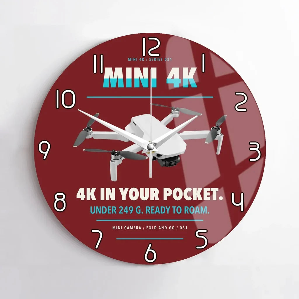 DJI Mini 4K design on dark red no frame wall clock