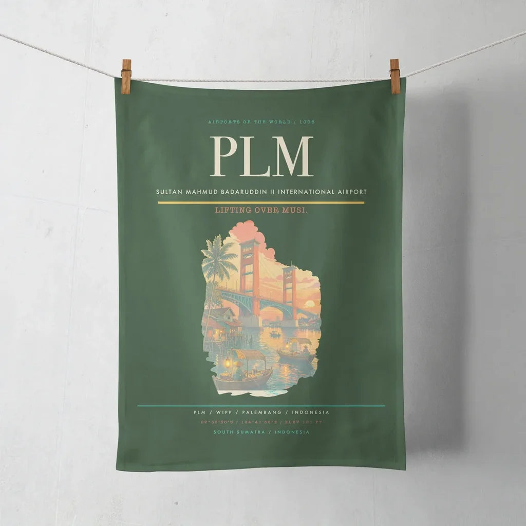 Sultan Mahmud Badaruddin II International Airport (PLM) design on dark green towel