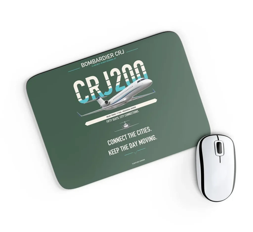 Bombardier CRJ200 design on dark green rectangle mouse pad