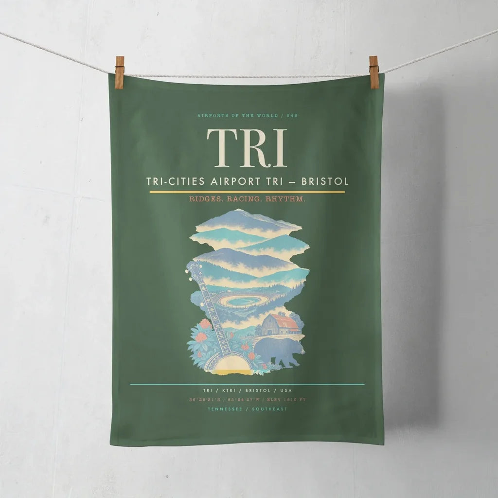 Tri-Cities Airport (TRI) design on dark green towel