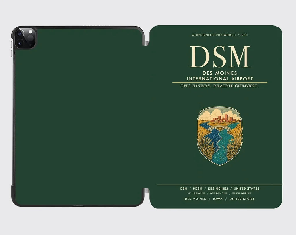 Des Moines International Airport (DSM) design on dark green ipad tablet case
