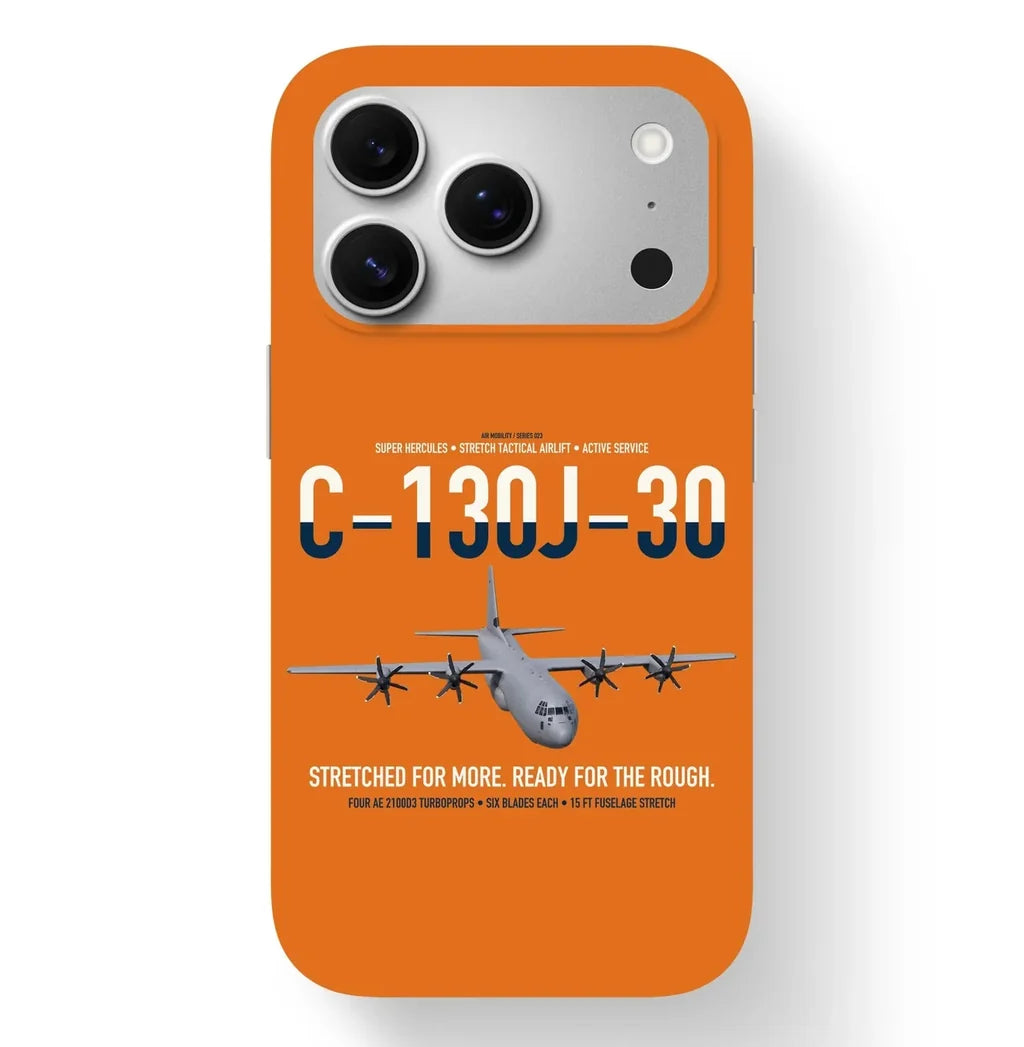 C-130J-30 Super Hercules design on orange magsafe iphone case, for iPhone 17 Pro