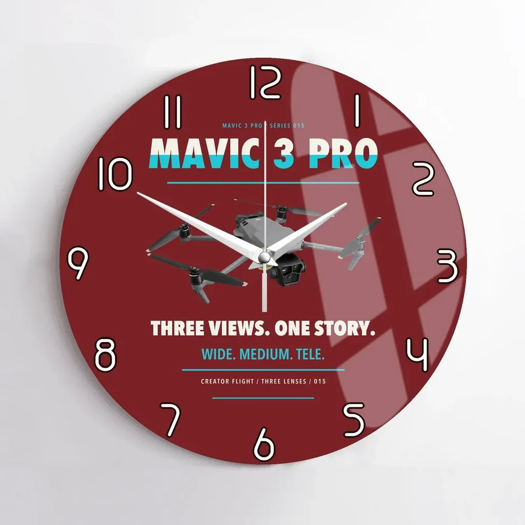 DJI Mavic 3 Pro design on dark red no frame wall clock