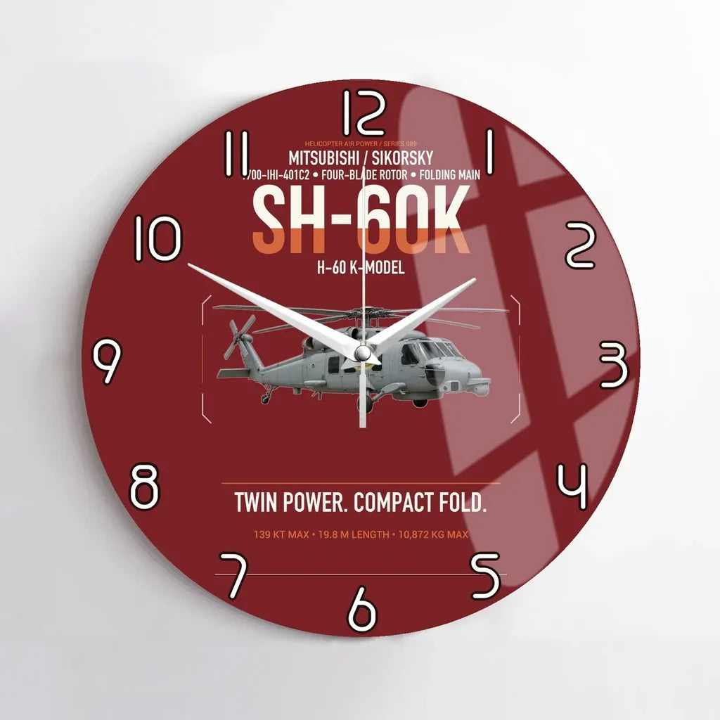 Mitsubishi Sikorsky SH-60K design on dark red no frame wall clock