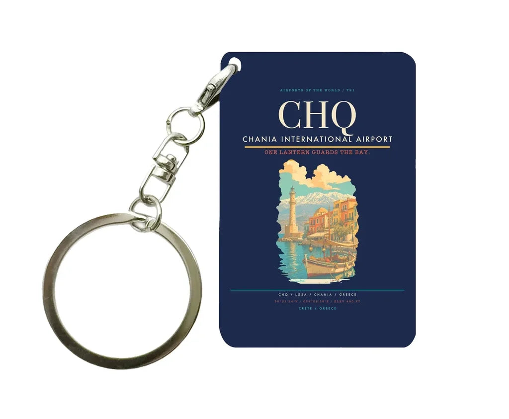 Chania International Airport (CHQ) design on navy blue key chain