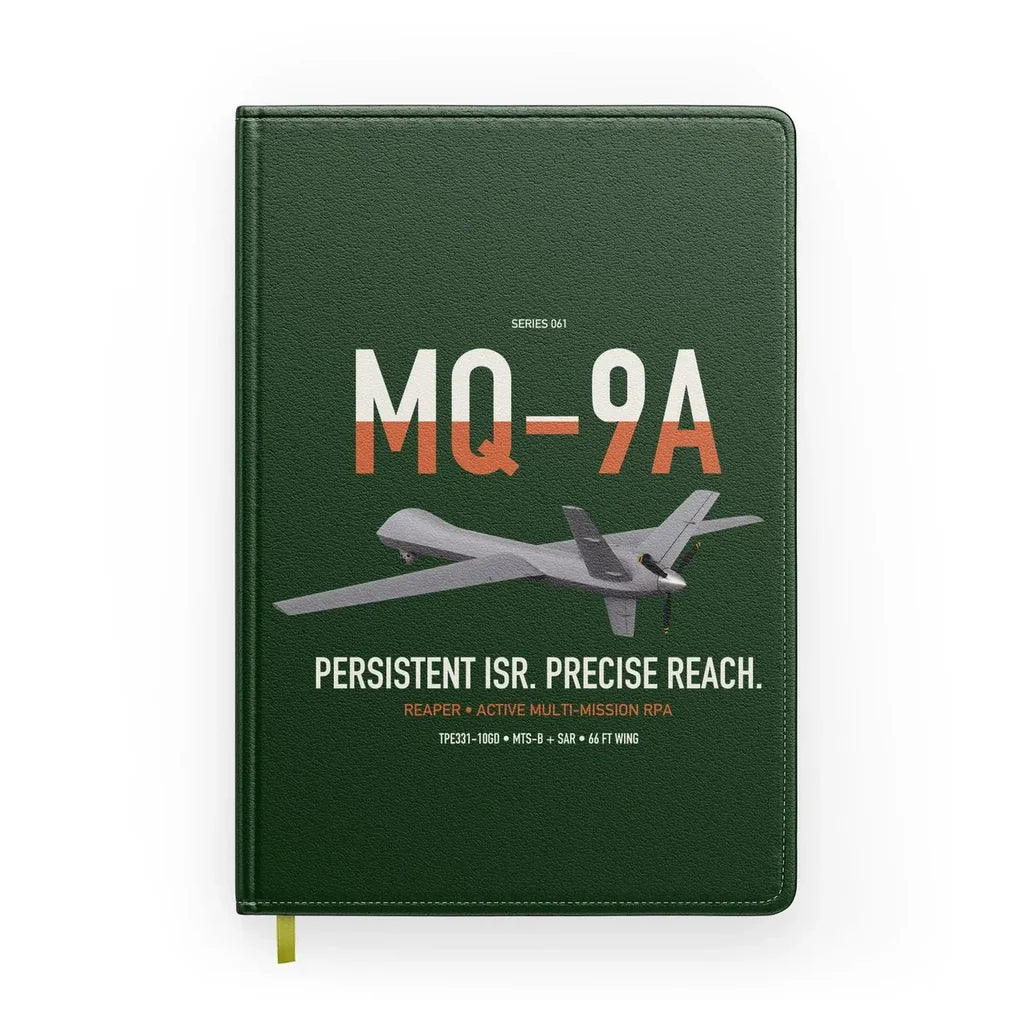 MQ-9A Reaper design on dark green notebook