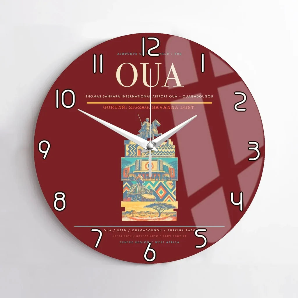 Thomas Sankara International Airport (OUA) design on dark red no frame wall clock