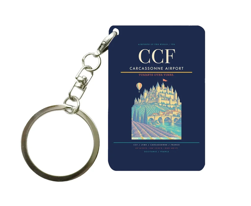 Carcassonne Airport (CCF) design on navy blue key chain