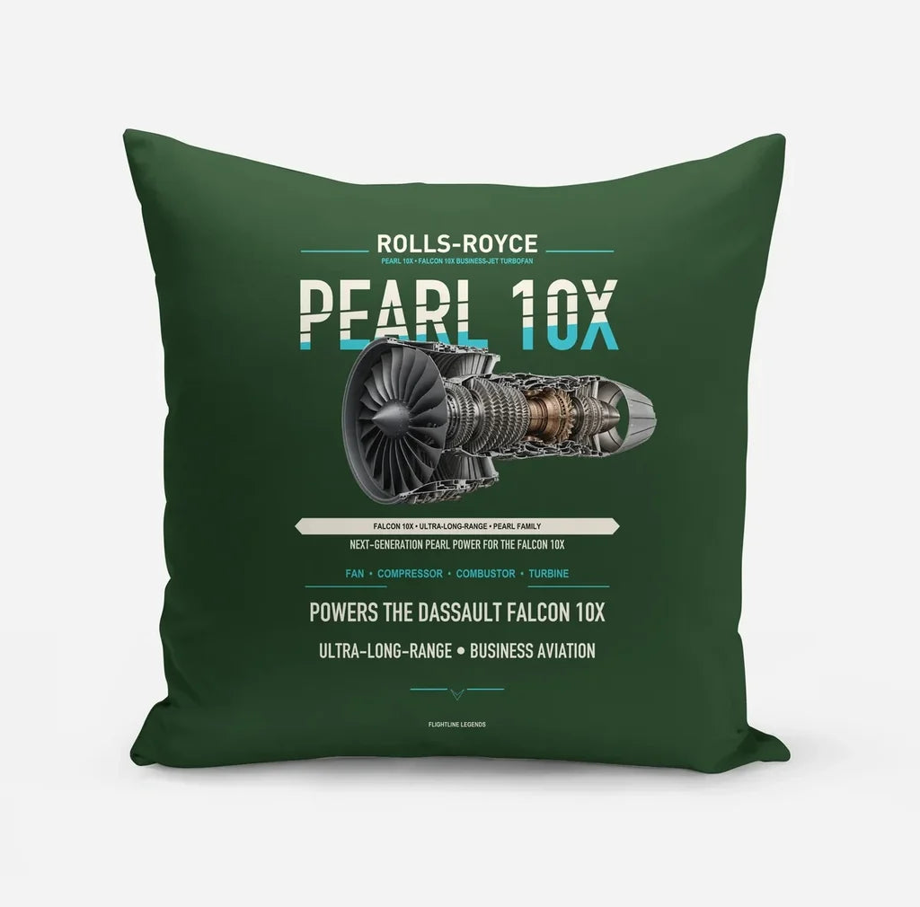 PEARL 10X design on dark green pillow