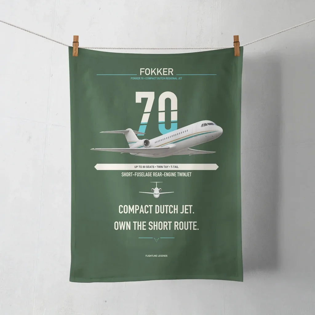 Fokker 70 design on dark green towel