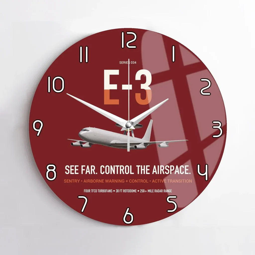 E-3 Sentry AWACS design on dark red no frame wall clock