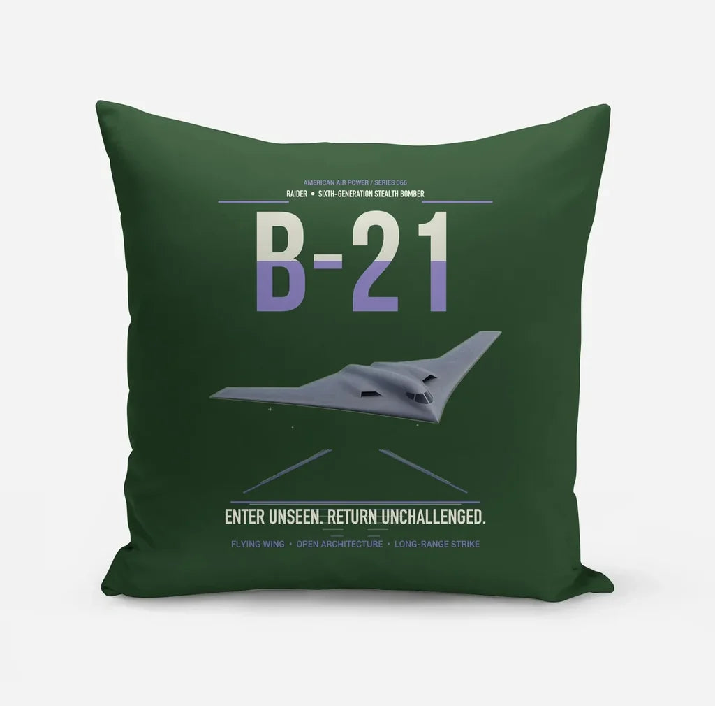 B-21 Raider design on dark green pillow