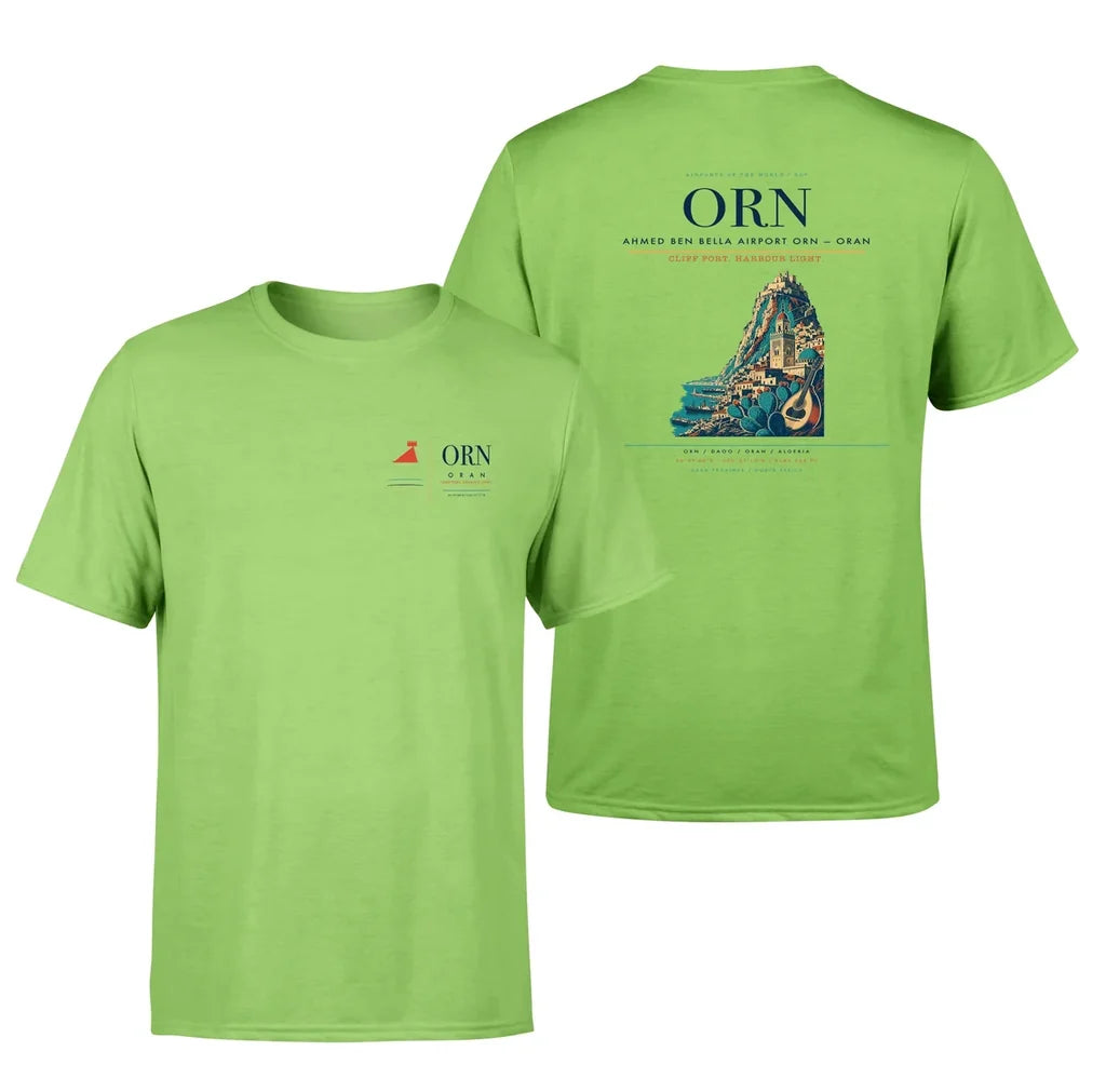 Ahmed Ben Bella Airport (ORN) design printed on light green double-side t-shirt