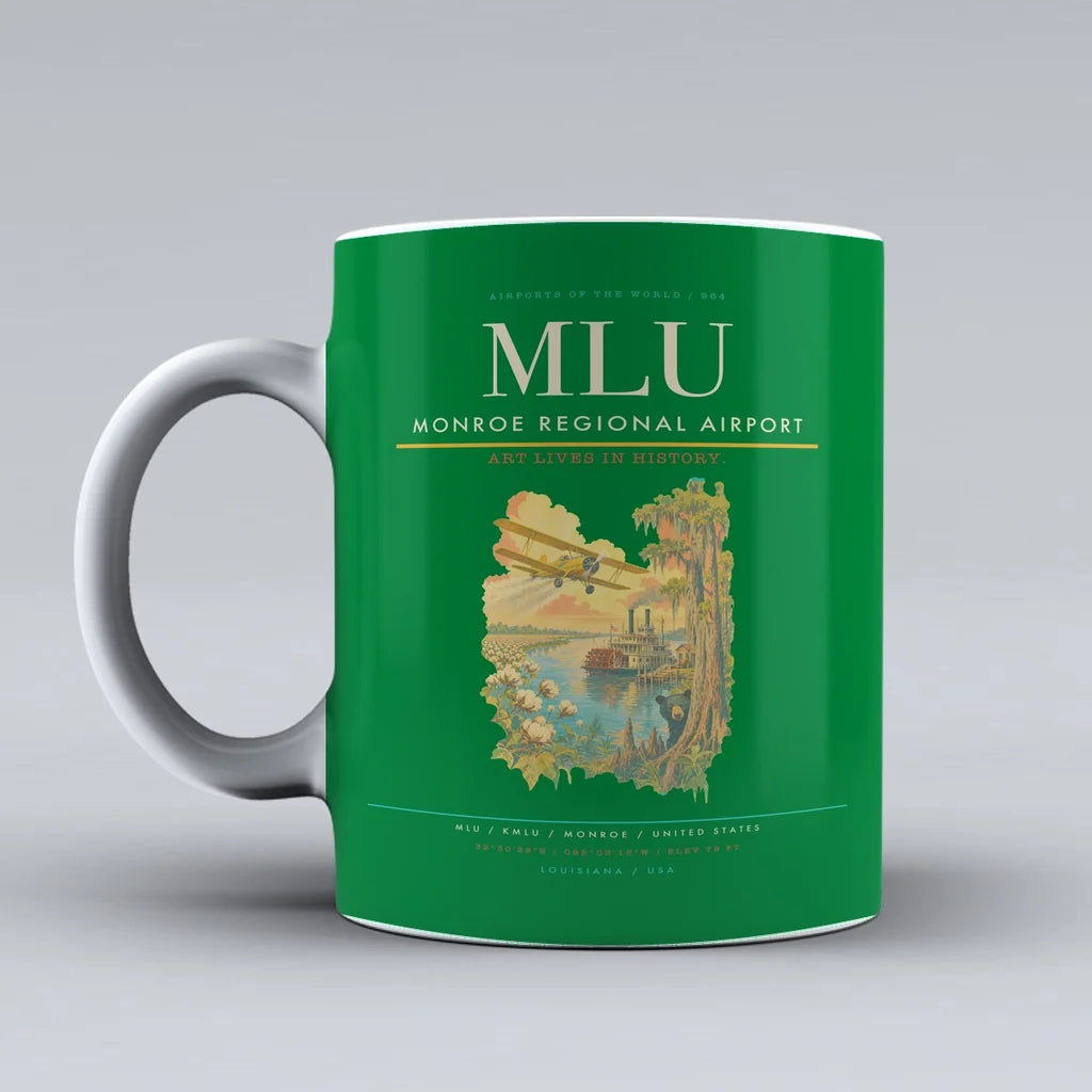 Monroe Regional Airport (MLU) airport code design on green ceramic mug