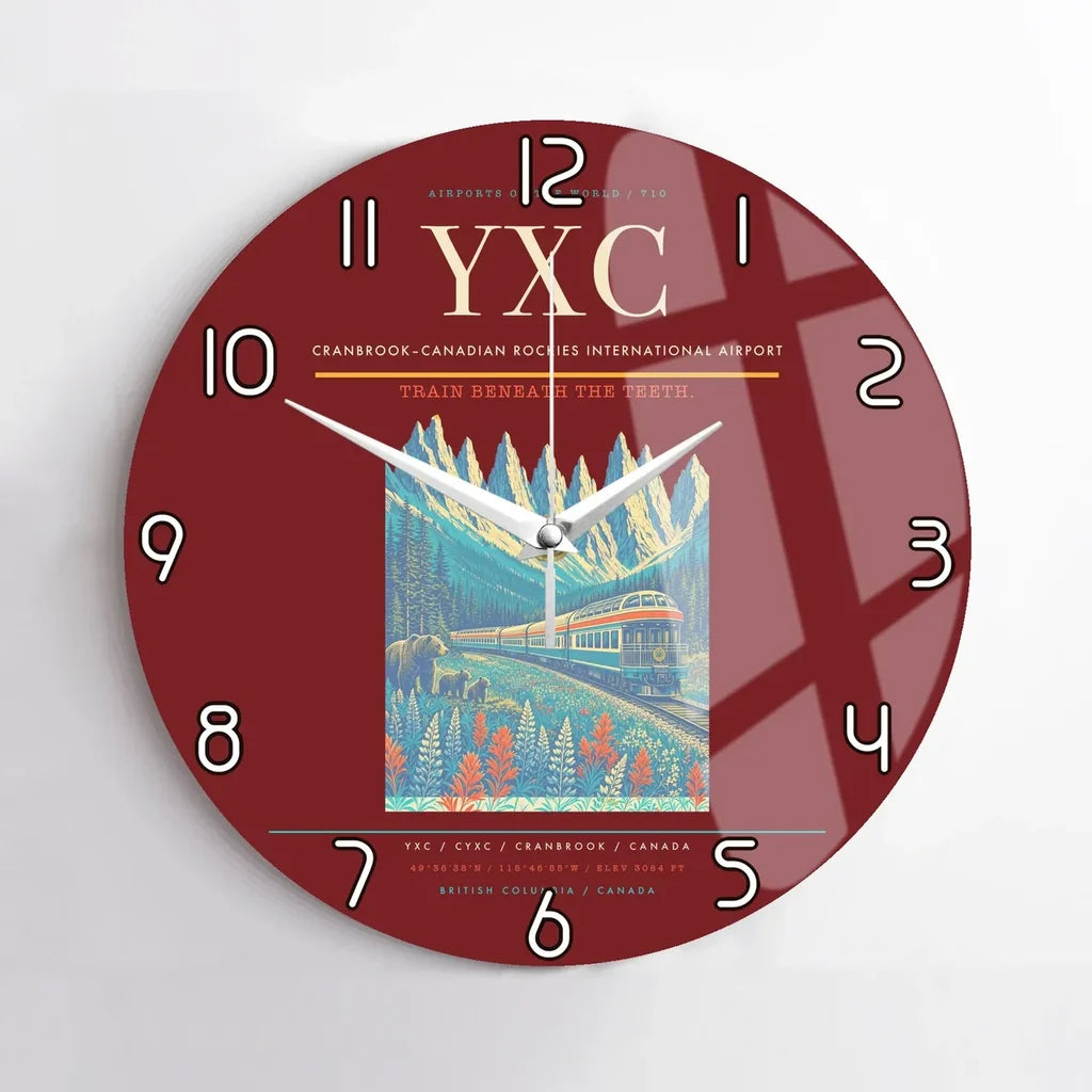 Cranbrook–Canadian Rockies International Airport (YXC) design on dark red no frame wall clock
