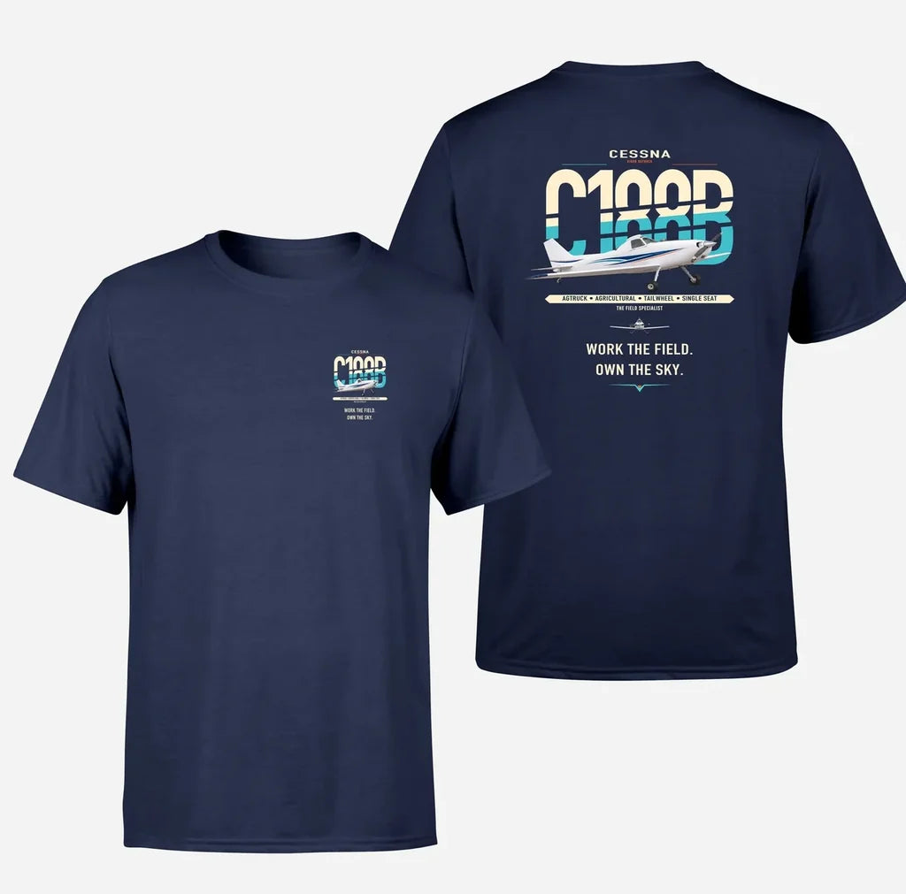 Cessna A188B AgTruck design on navy blue t-shirt, double-side print