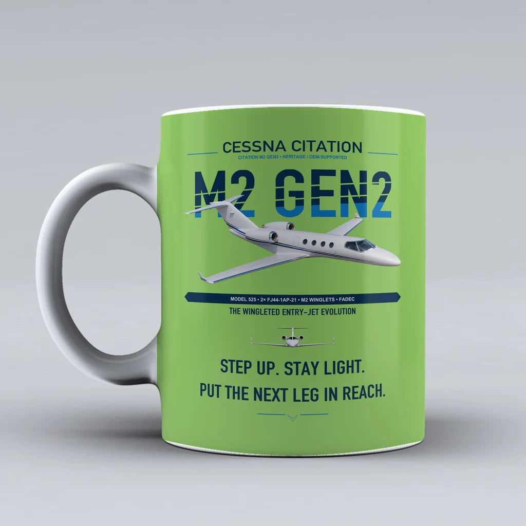 Cessna Citation M2 Gen2 design on light green ceramic mug, double-side print