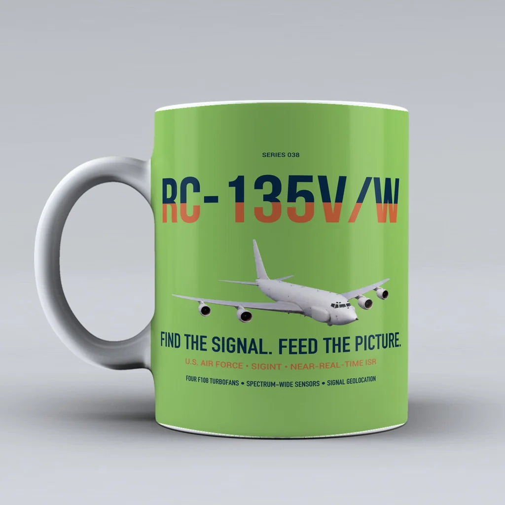 RC-135V W Rivet Joint design on light green ceramic mug, double-side print
