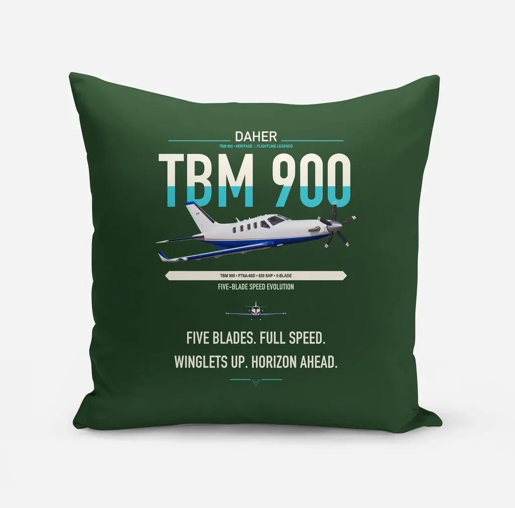 Daher TBM 900 design on dark green pillow